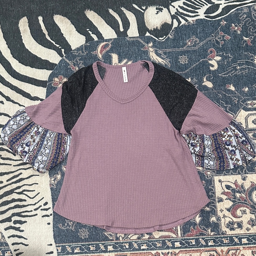 Vanilla Bay Purple and Black Blouse with Patterned Sleeves